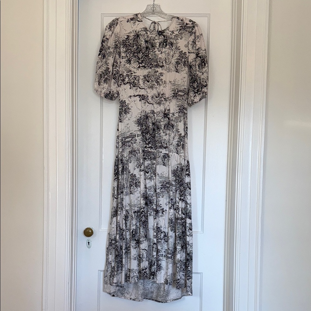 Olivaceous Black and White Floral Linen Maxi Dress